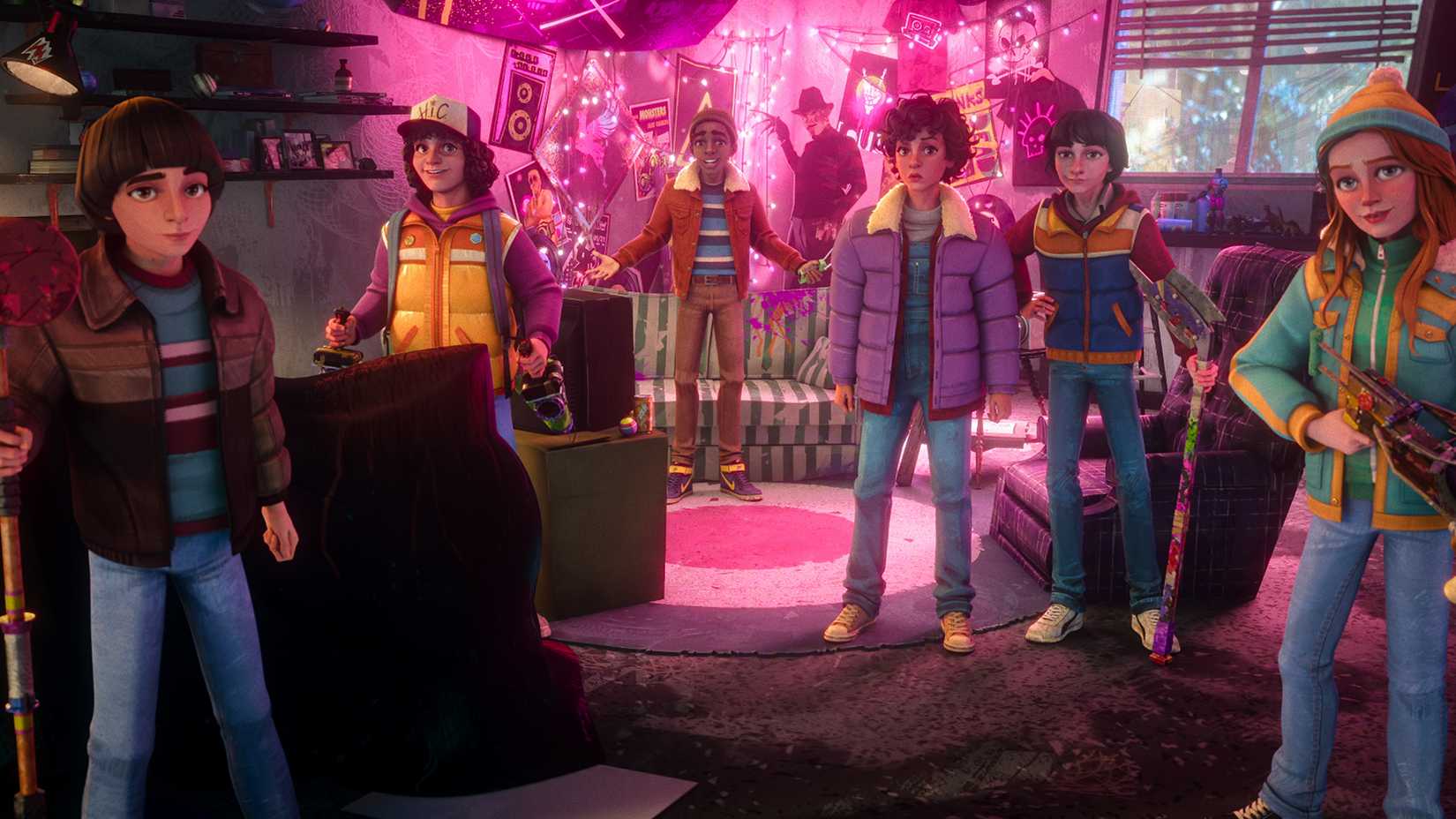 A scene from 'Stranger Things: Tales From 85' that features a Freddy Krueger Easter egg