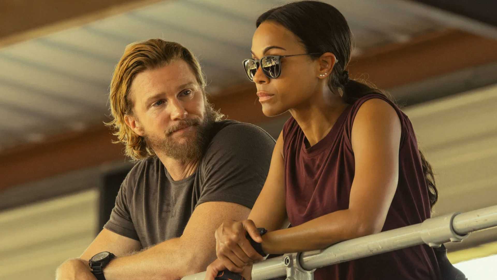 Thad Luckinbill and Zoe Saldaña as Kyle McManus and Joe McNamara in 'Lioness.'