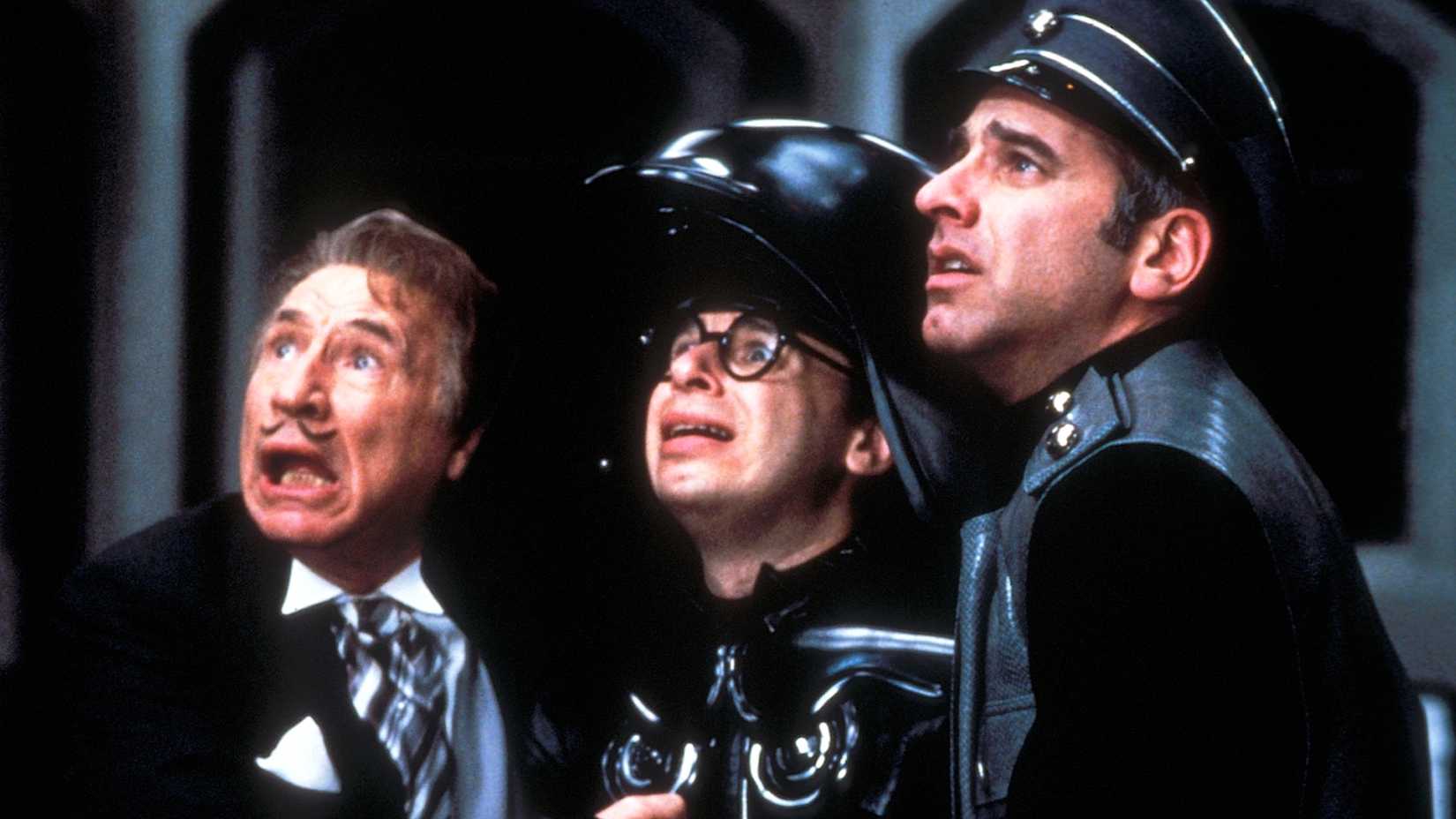 Mel Brooks as President Skroob, Rick Moranis as Dark Helmet and George Wyner as Colonel Sandurz in Spaceballs