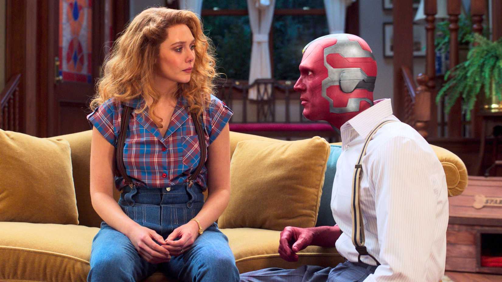 Elizabeth Olsen as Wanda and Paul Bettany as Vision in WandaVision