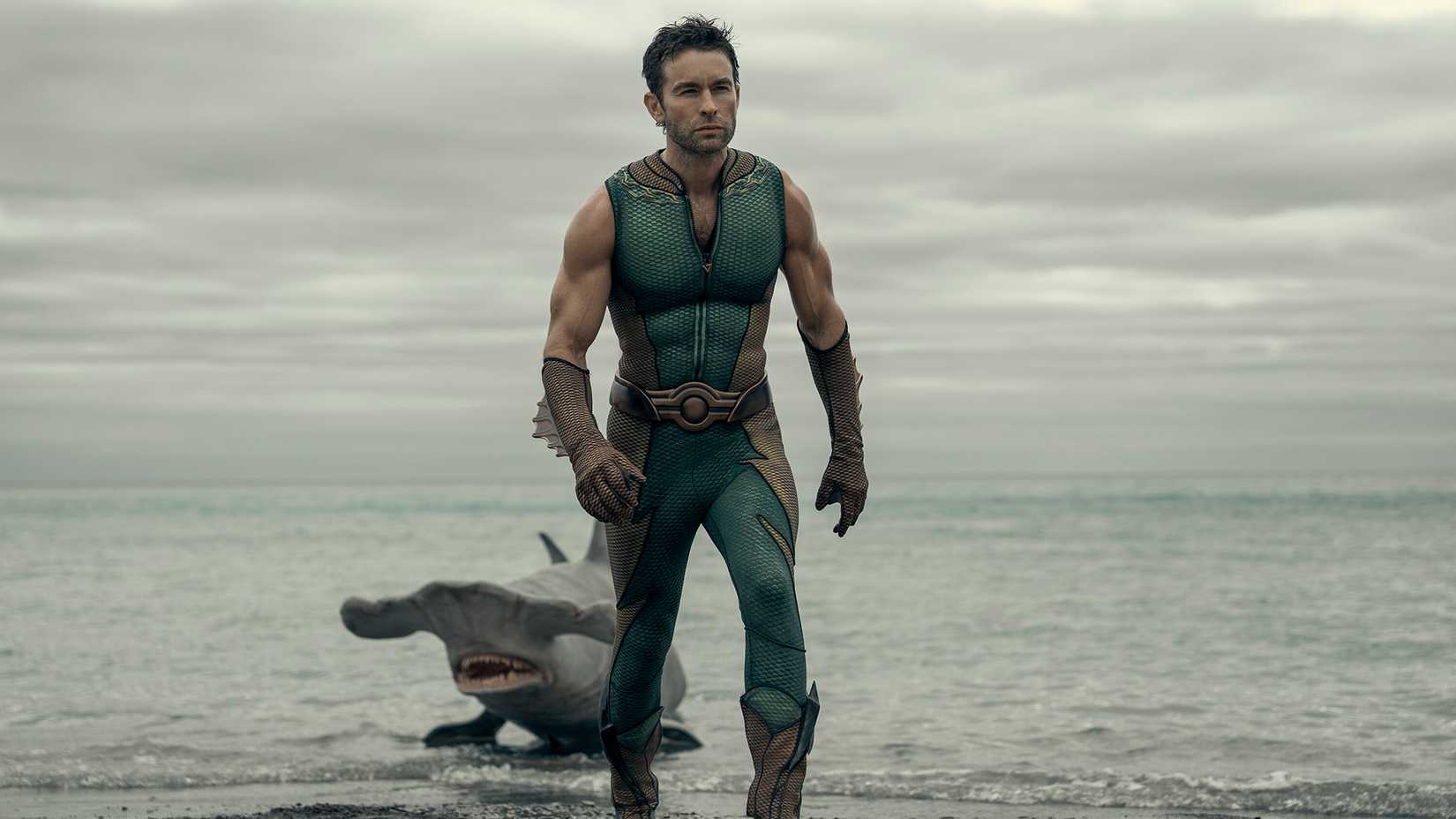 The Deep walking out of the sea, Xander behind him in The Boys.