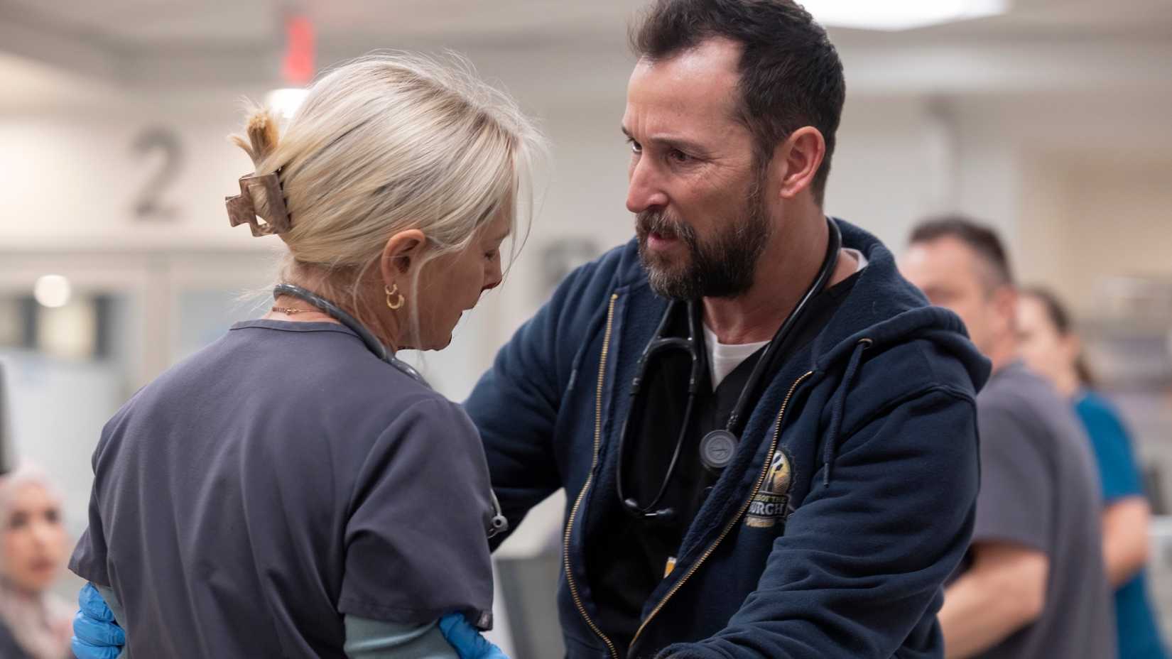 Dana (Katherine LaNasa) and Robby (Noah Wyle) on The Pitt