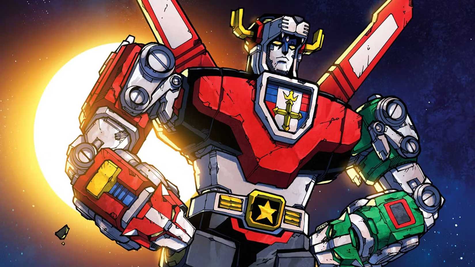 Voltron poses before the sun in Voltron