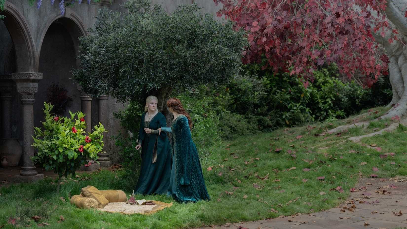 Helaena and Alicent walking in the Godswood in House of the Dragon