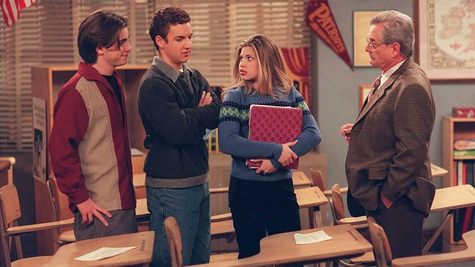 The kids in the classroom talking to Mr. Feeny in Boy Meets World.