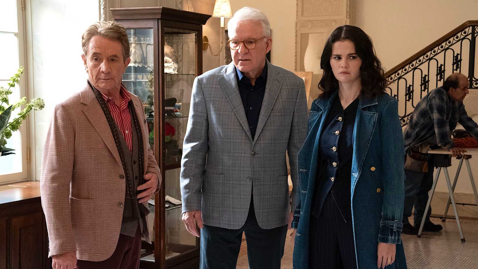 Martin Short as Oliver Putnam, Steve Martin as Charles-Haden Savage and Selena Gomez as Mabel Mora in Only Murders in the Building Season 5