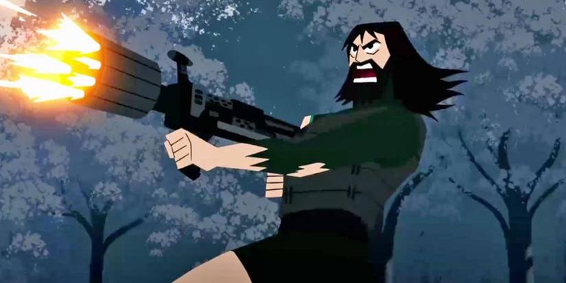 samurai jack season-5 with autmoatic machine gun