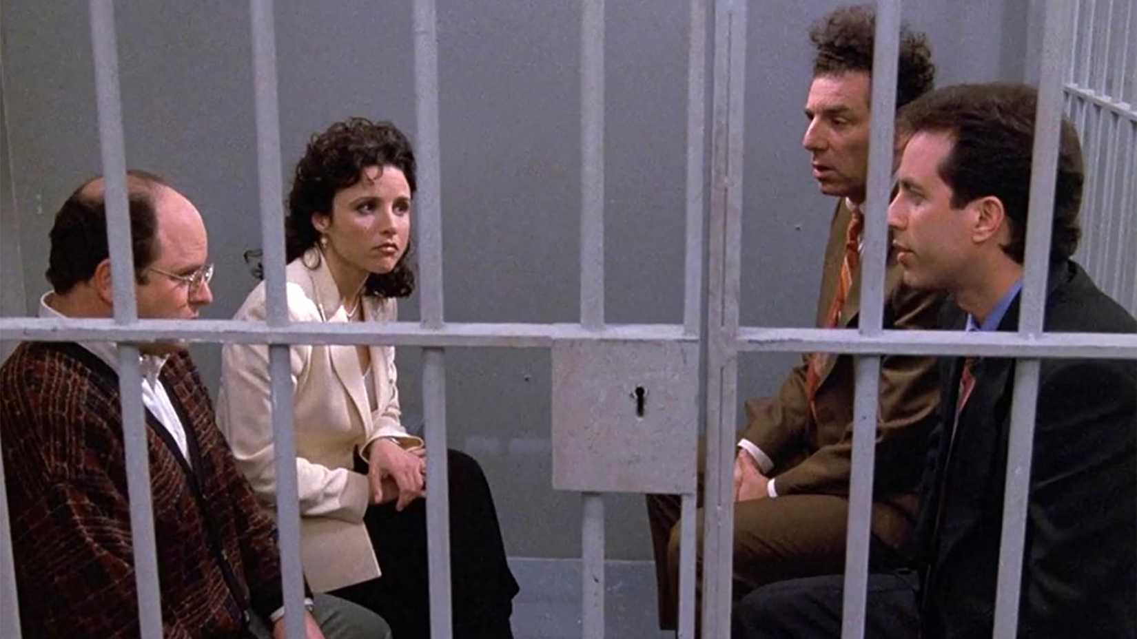 The four friends in Seinfeld sitting in a jail cell.