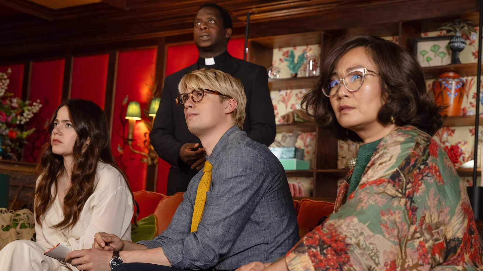 Molly Gordon, Kobna Holdbrook-Smith, Nicholas Galitzine and Hong Chau in The Sheep Detectives