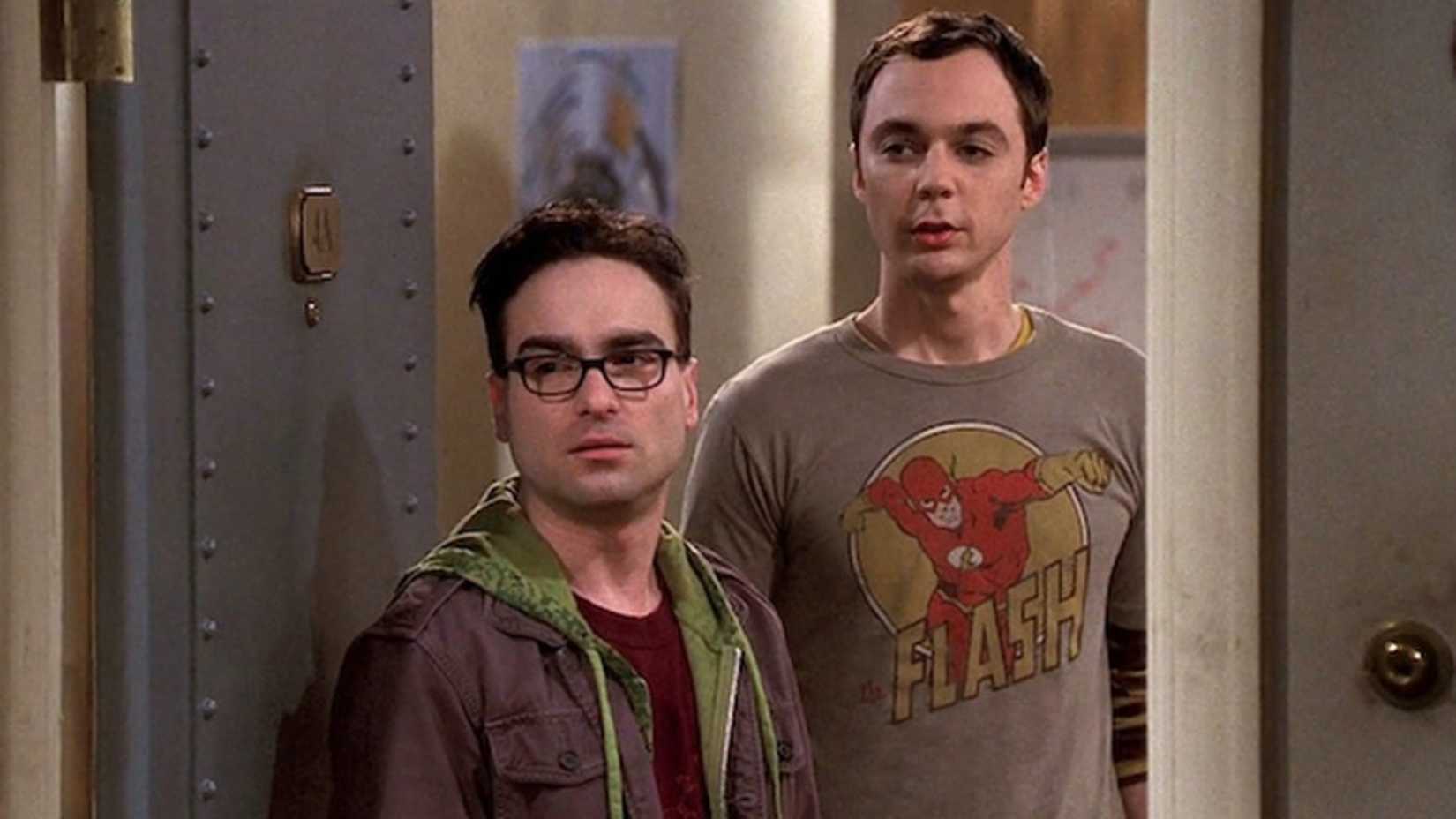 Leonard and Sheldon stand in a doorway in The Big Bang Theory