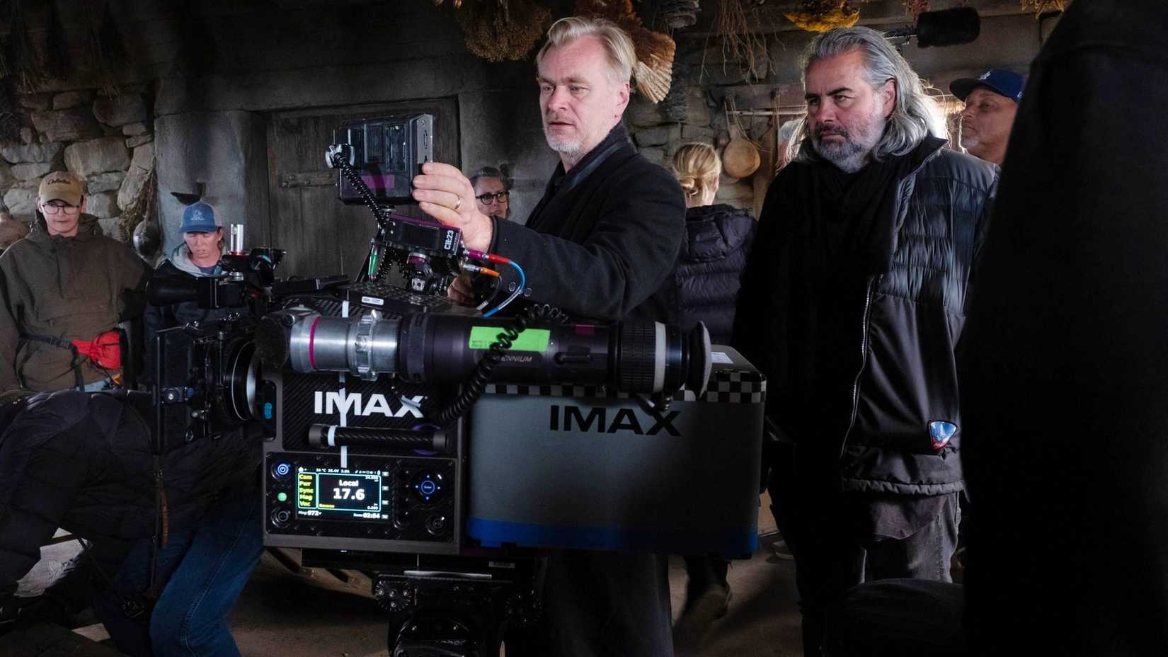 Director Christopher Nolan and cinematographer Hoyte van Hoytema on the set of The Odyssey with an IMAX camera