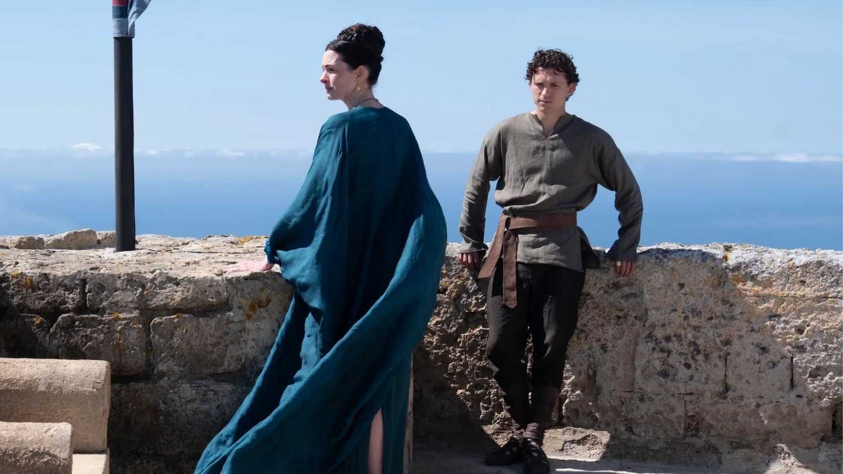 Tom Holland and Anne Hathaway as Telemachus and Penelope in The Odyssey