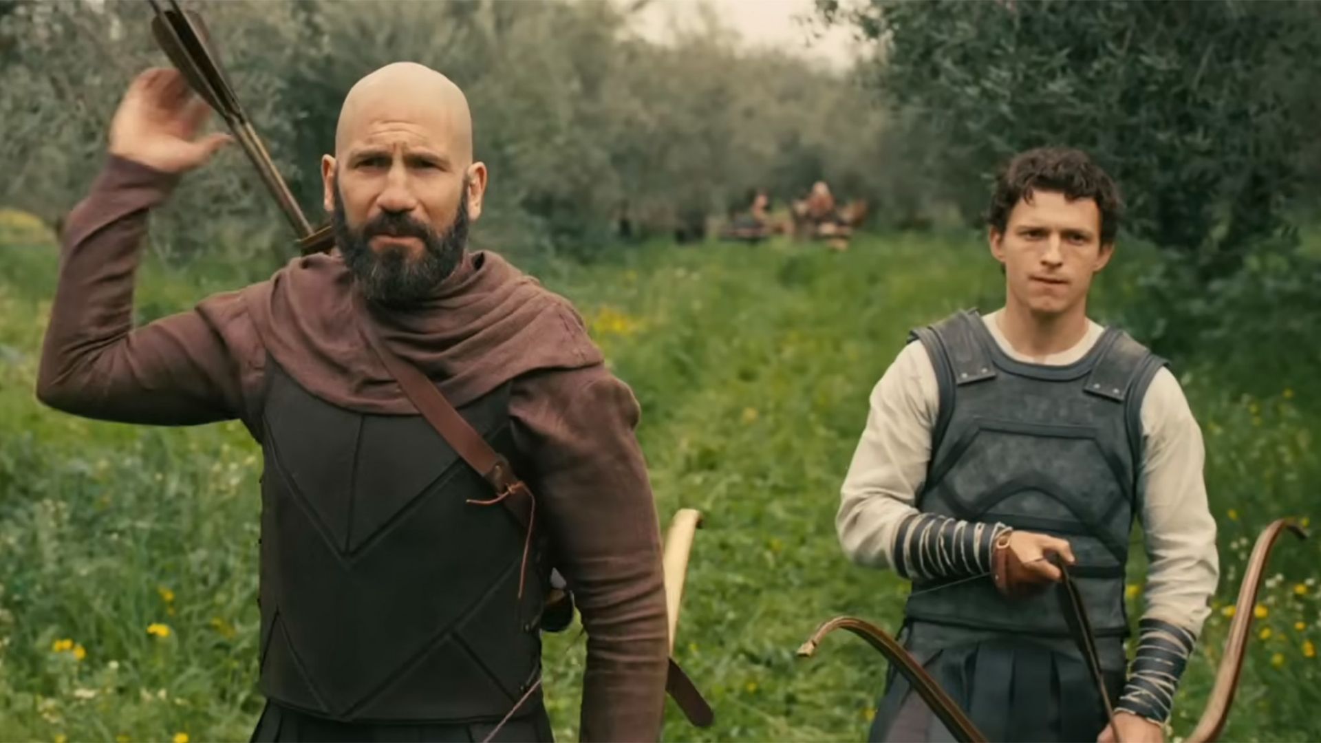 Jon Bernthal and Tom Holland as Menelaus and Telemachus in The Odyssey