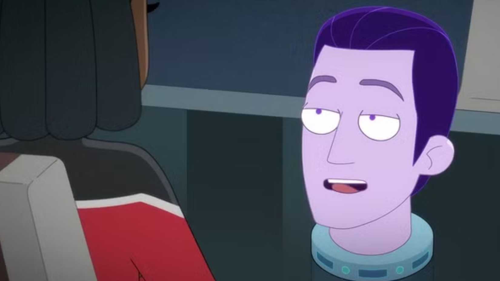 Purple Data's head speaking with Captain Freeman in Star Trek: Lower Decks