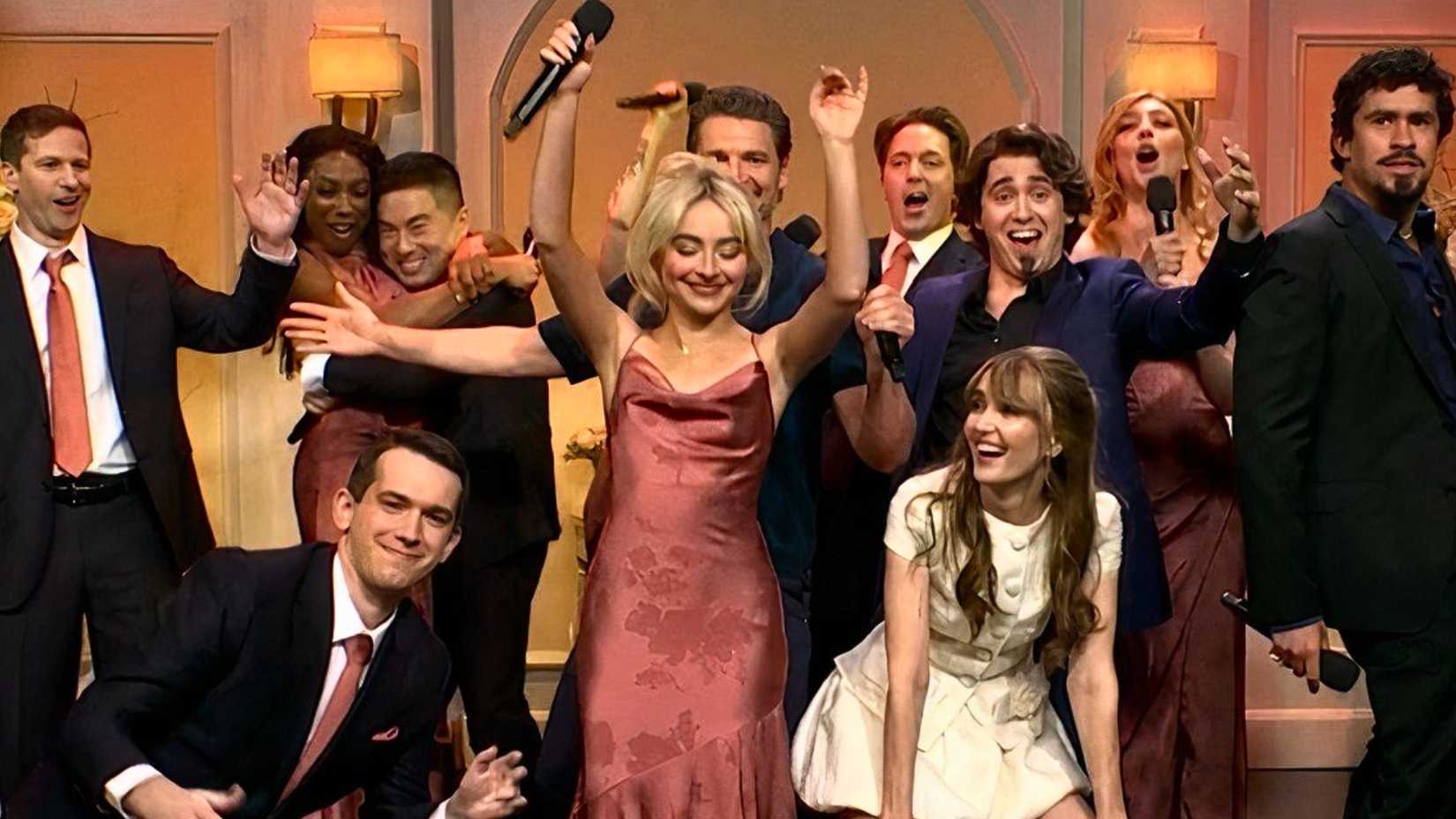 Andy Samberg, Sabrina Carpenter, Chloe Fineman, and Marcello Hernández on 'Saturday Night Live.'