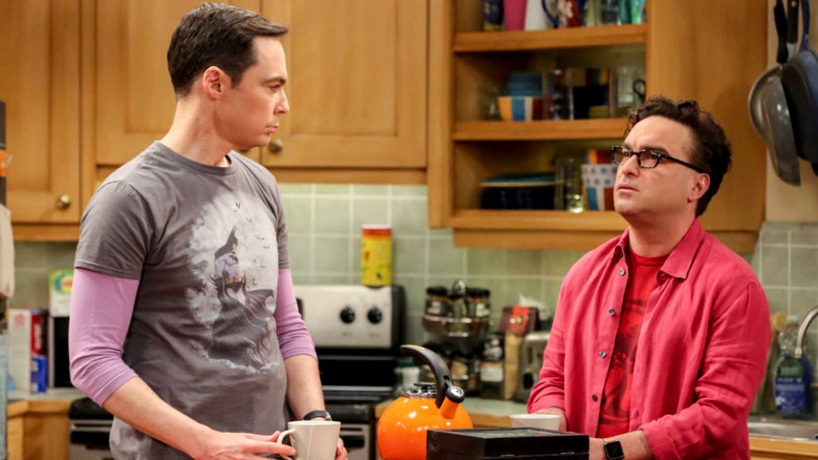 Sheldon and Leonard stand in the kitchen in The Big Bang Theory