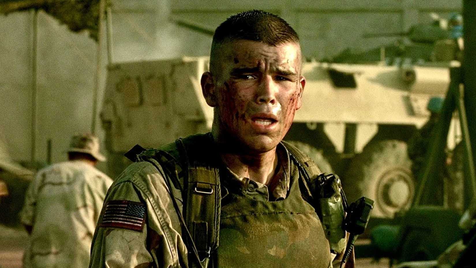 Matt is bloody and mouth agape in Black Hawk Down