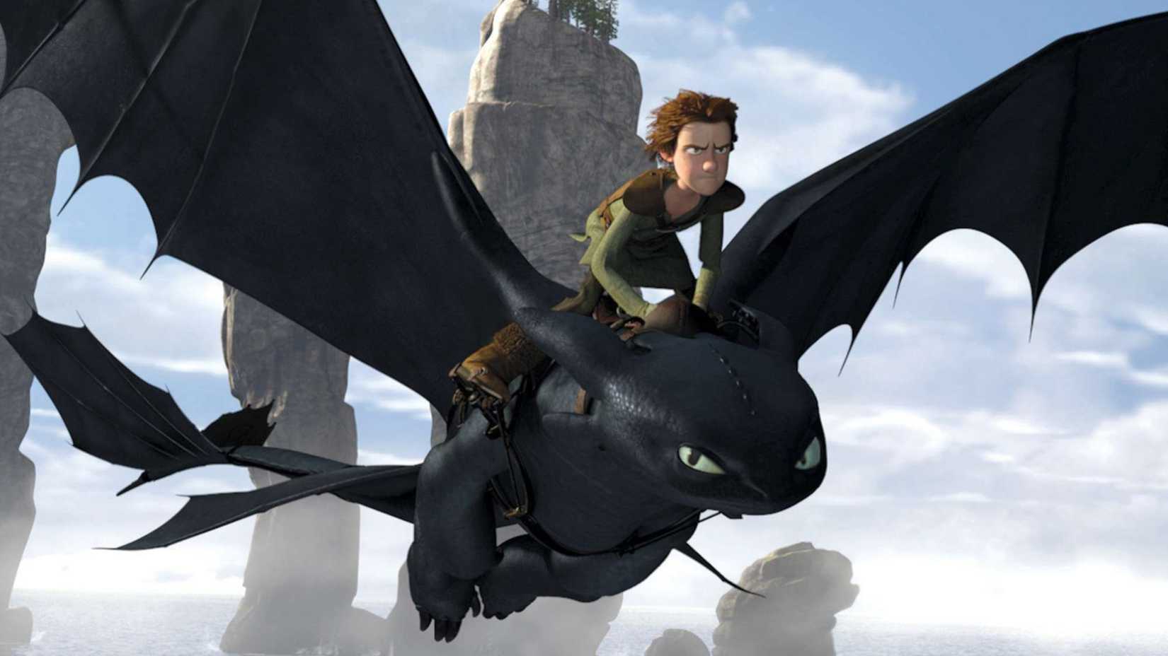 Hiccup riding Toothless in 'How to Train Your Dragon'
