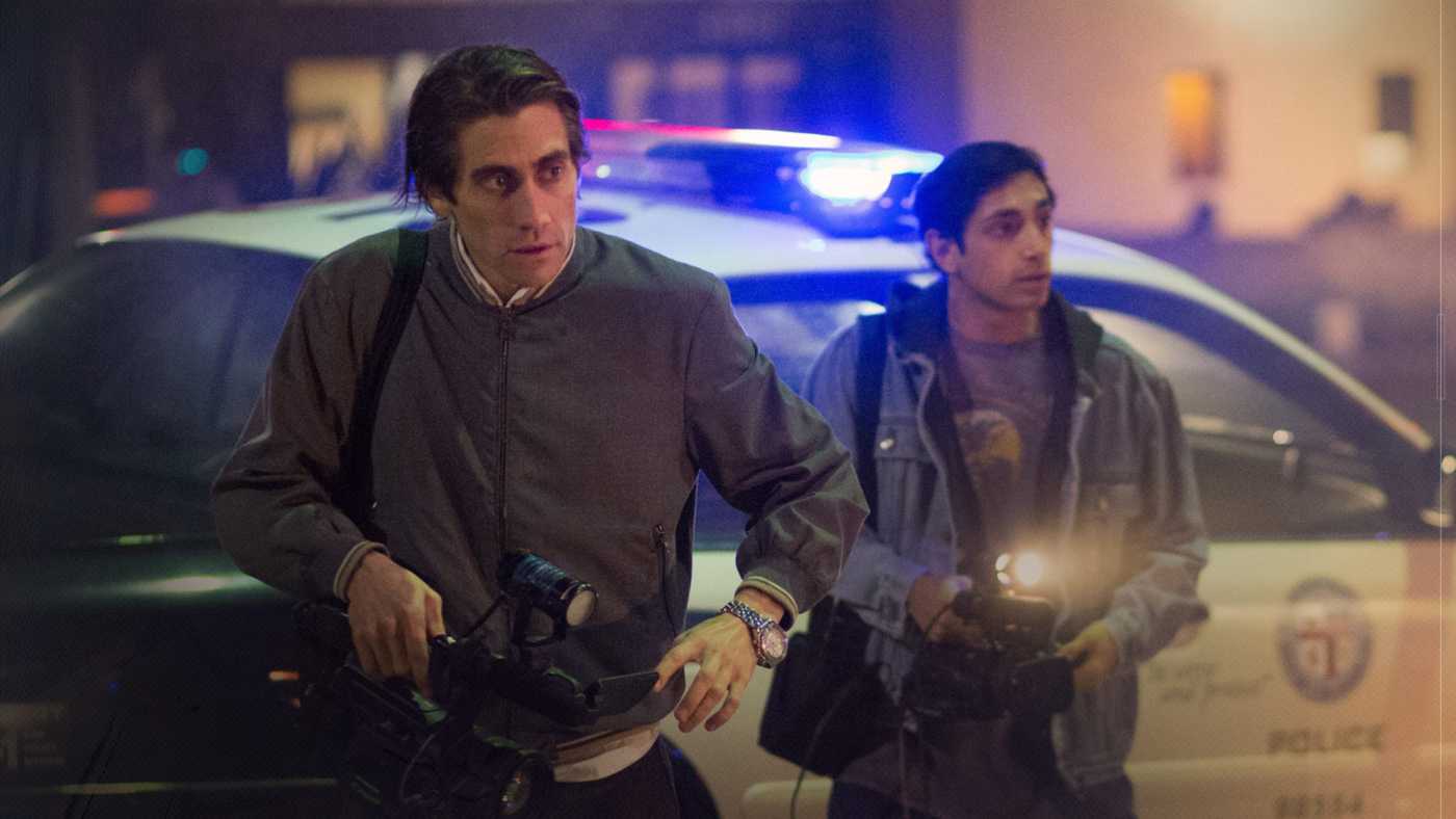 Jake Gyllenhaal and Riz Ahmed in a night scene from Nightcrawler