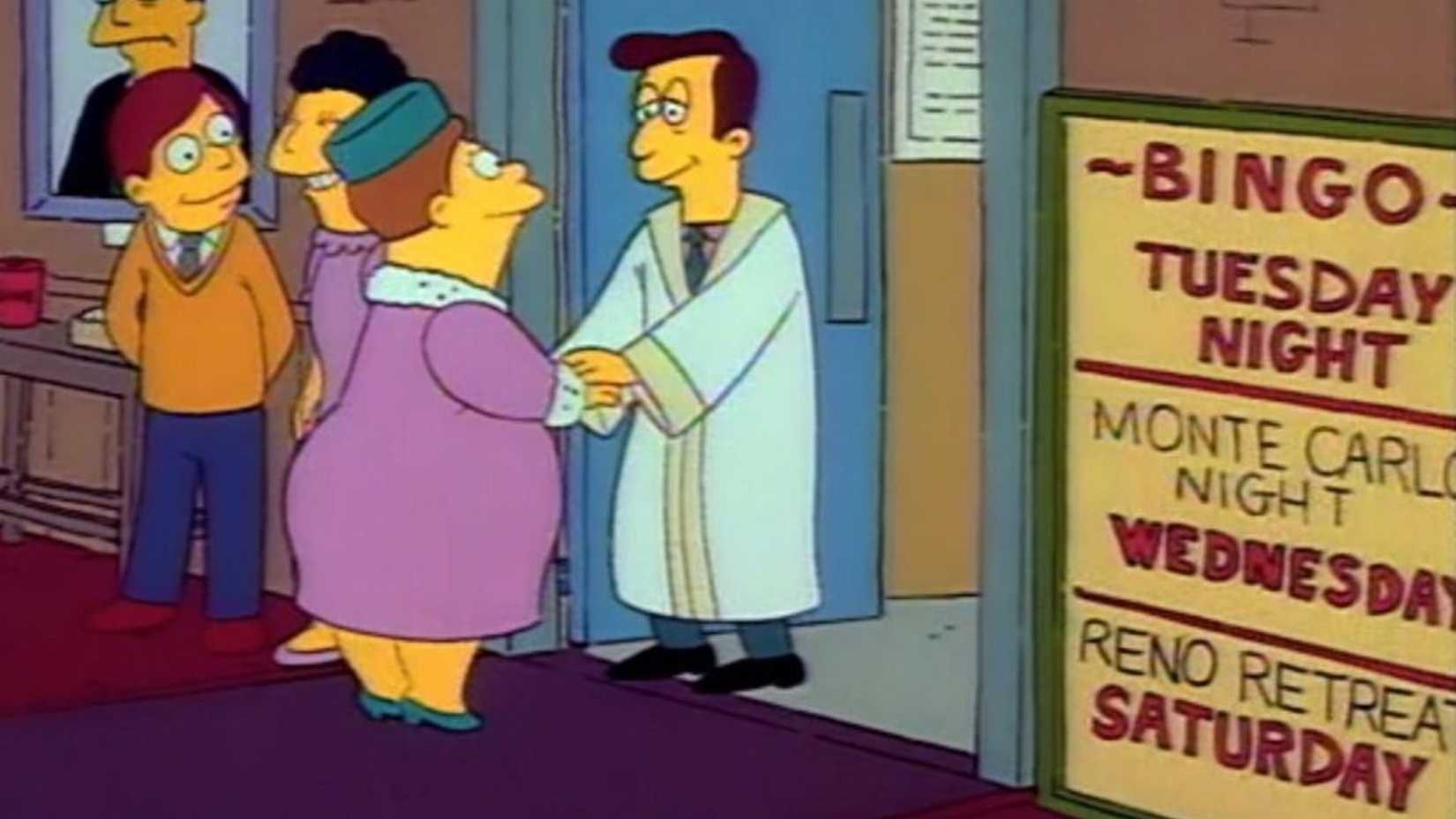 Reverend Lovejoy next to a church gambling sign in The Simpsons