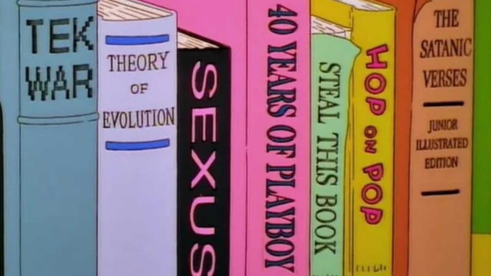 A shelf full of banned books on The Simpsons