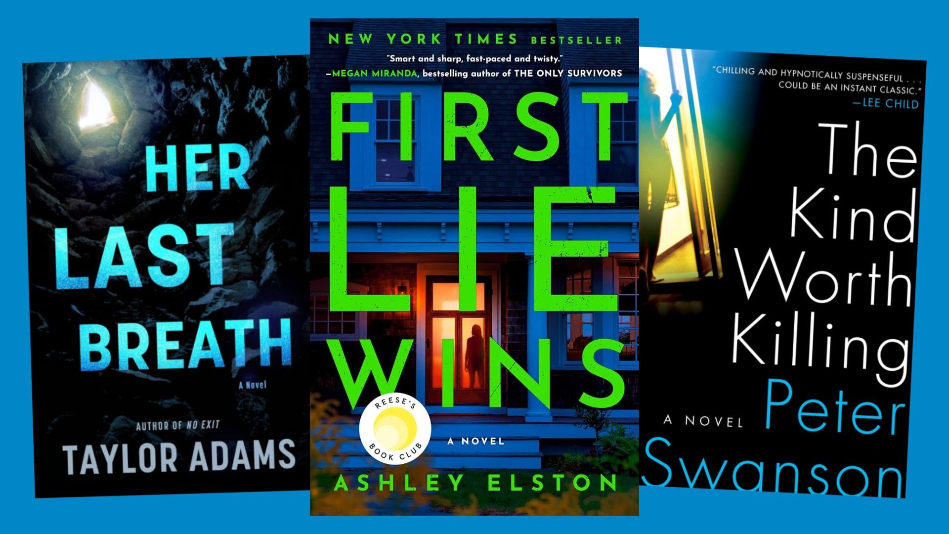 A collection of eight thrilling books displayed on a table.