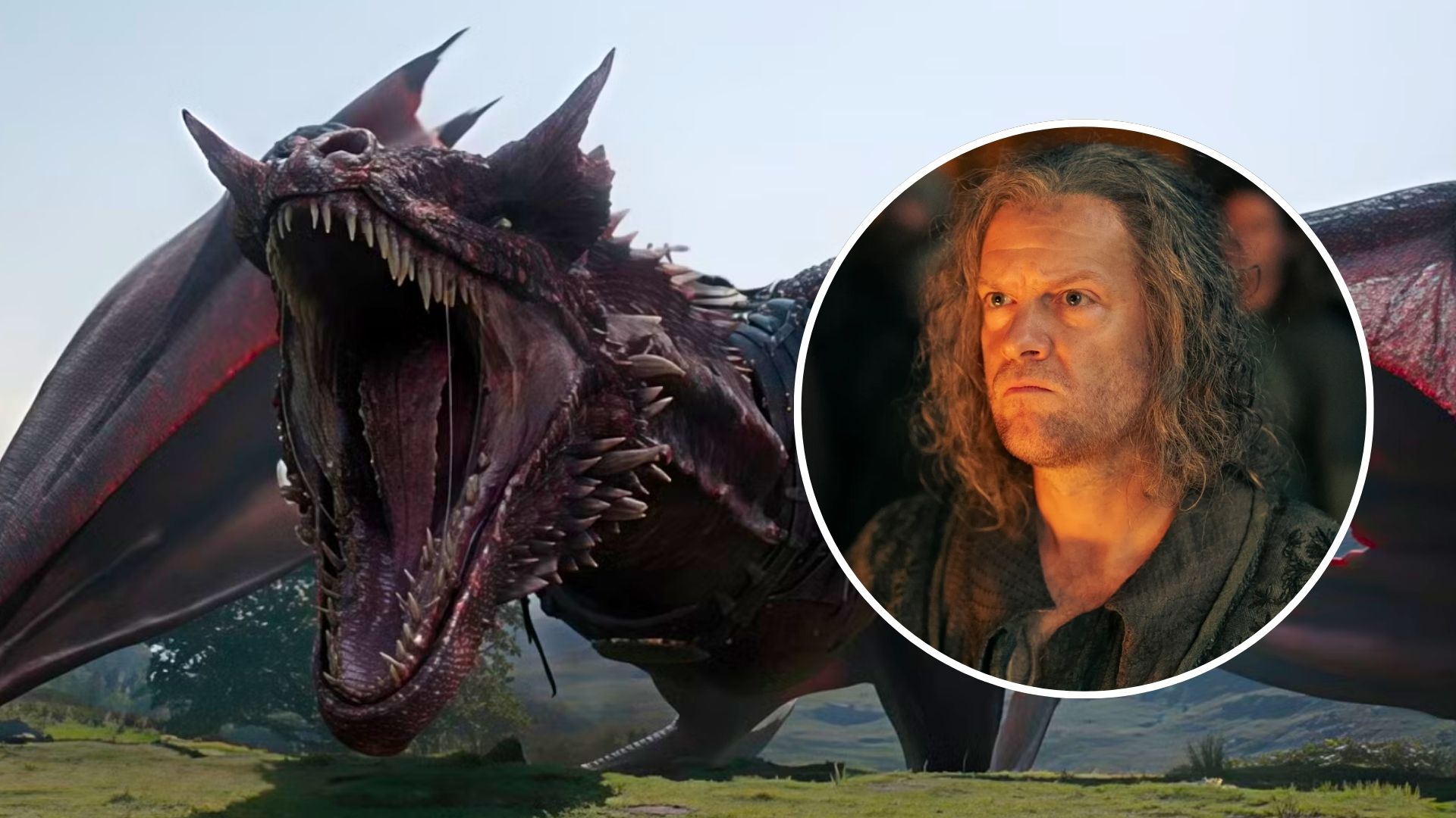 A dramatic scene from House of the Dragon's Season 3 featuring dragons in battle.