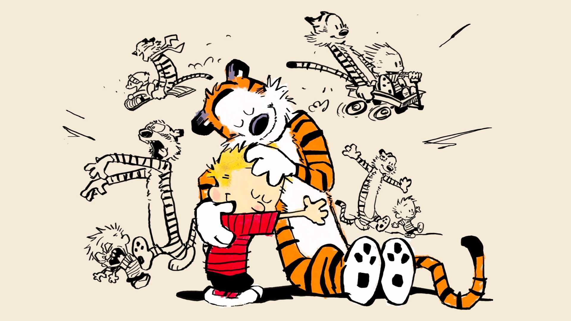 Calvin and Hobbes hug each other