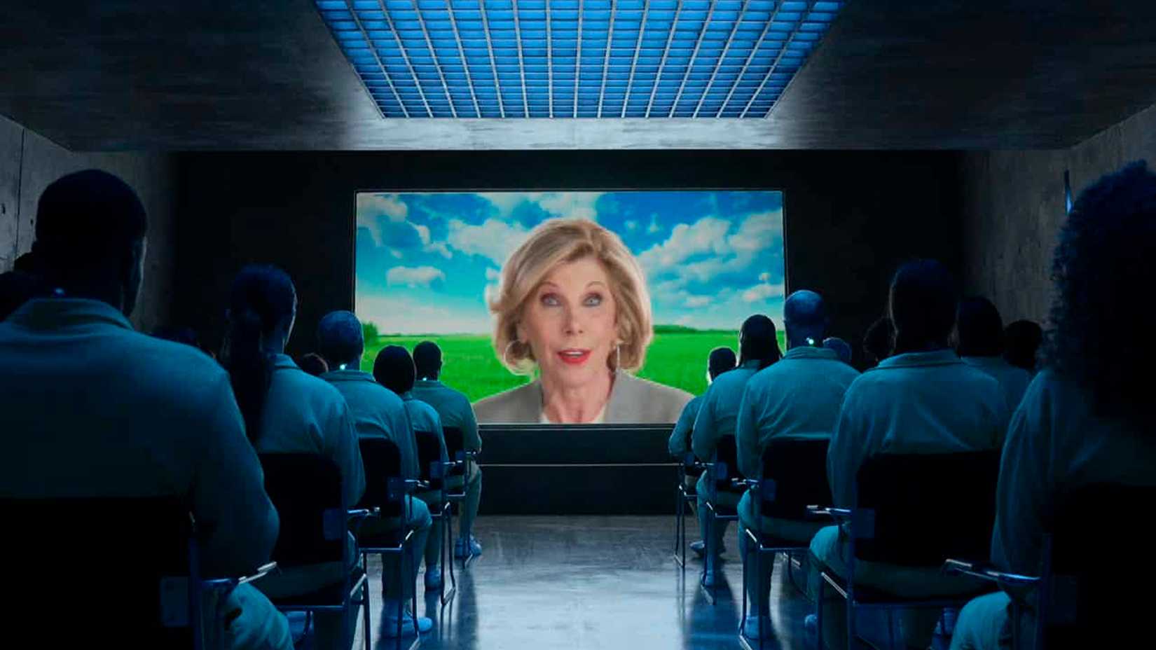 A video of Christine Baranski as herself being played to a crowd in Stuart Fails to Save the Universe.