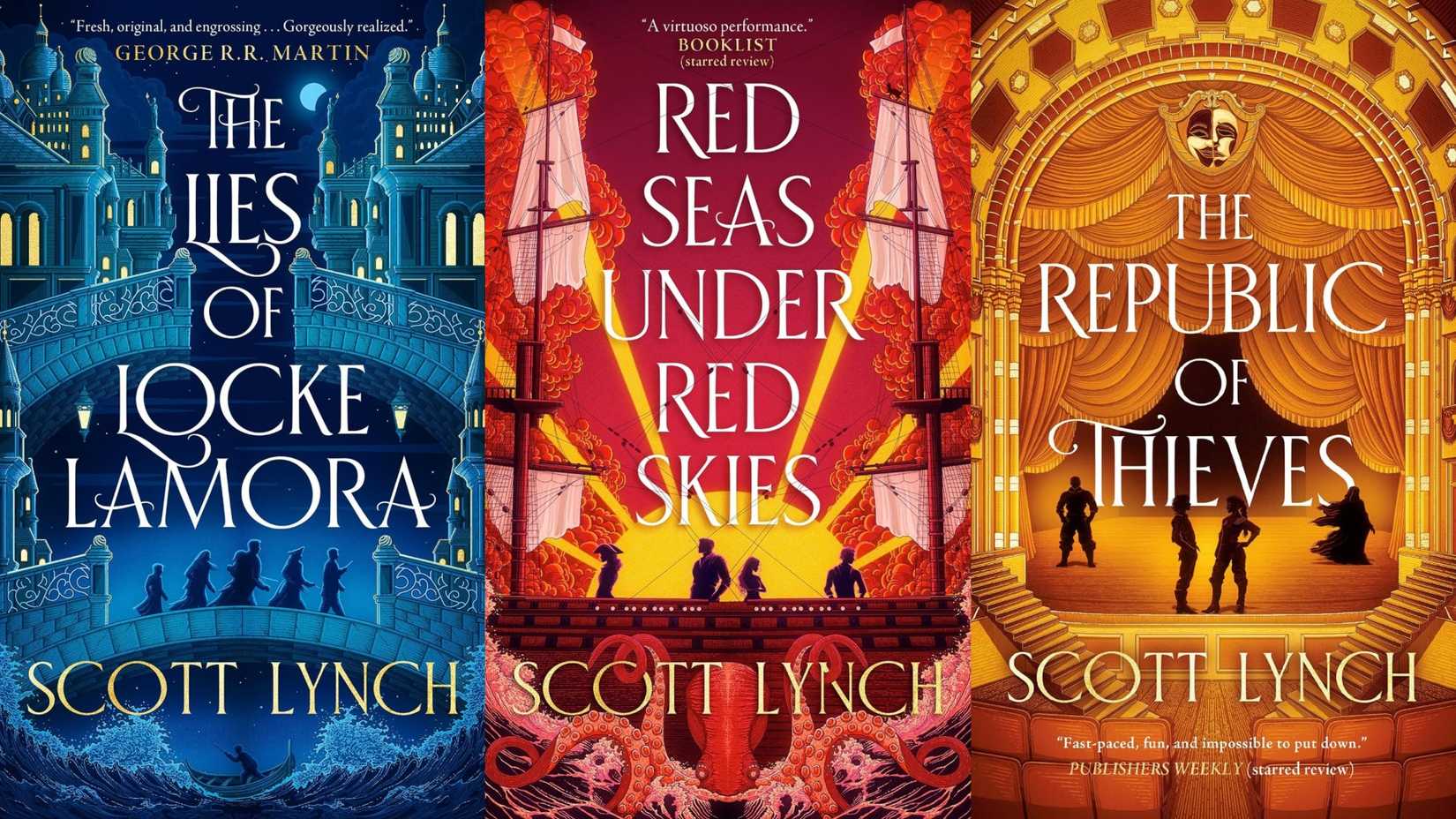 The covers of the Gentleman Bastard books by Scott Lynch