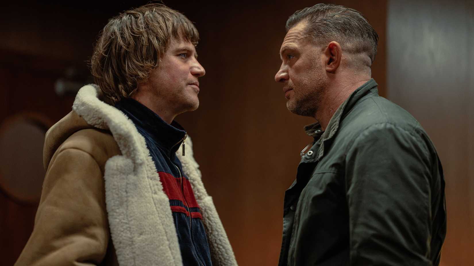 Johnny Flynn as Frankie Cooper and Tom Hardy as Harry Da Souza in MobLand Season 2