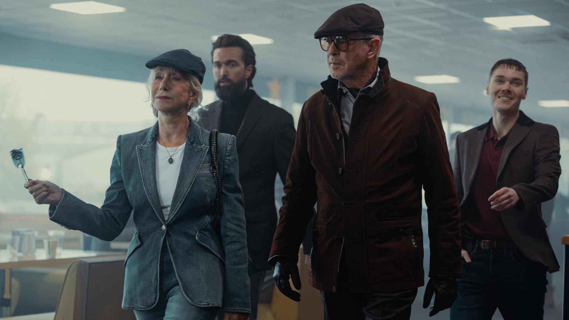 Helen Mirren, Emmett J. Scanlan, Pierce Brosnan, Jack Archer in MobLand