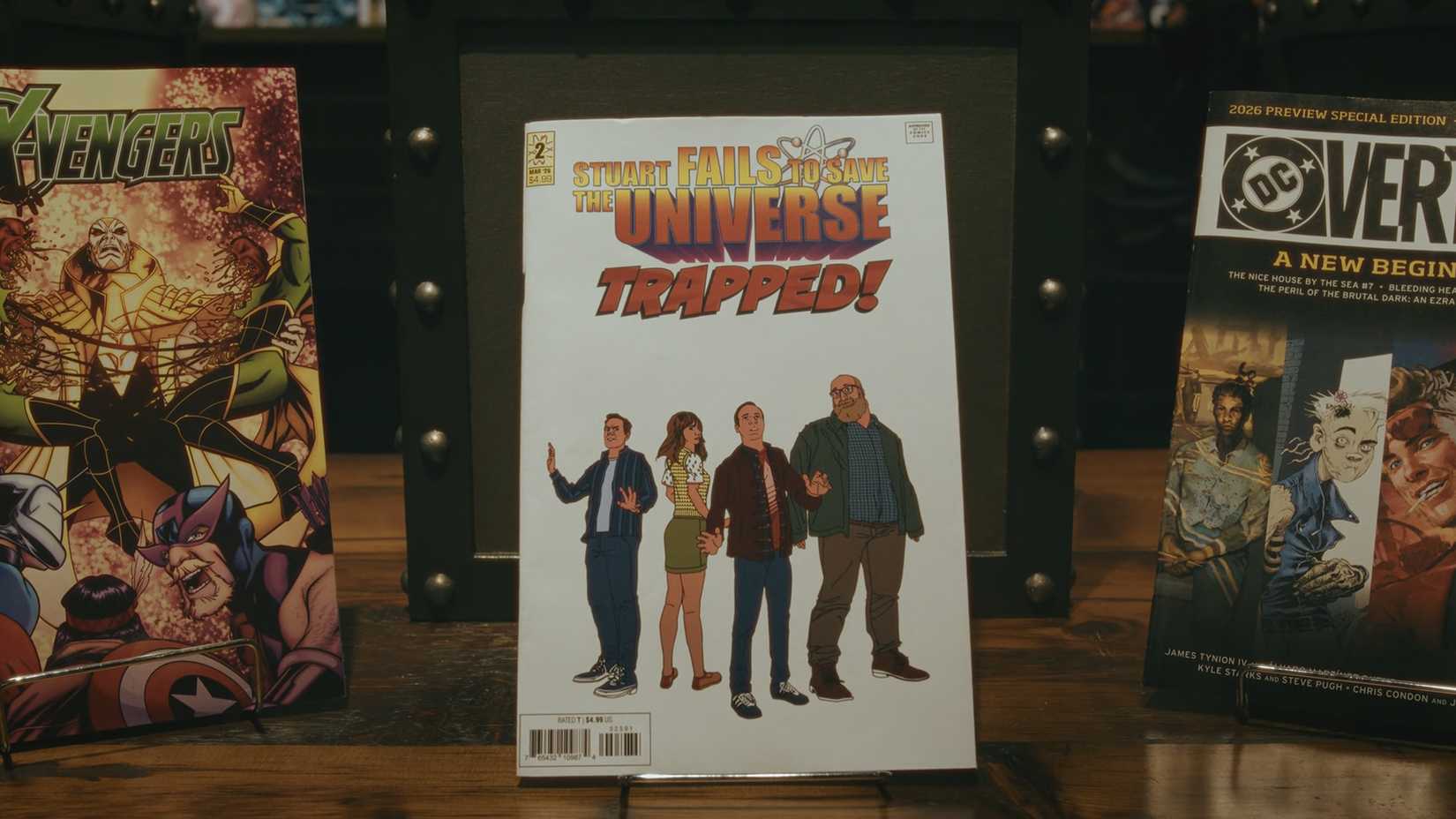 The gang trapped inside a Stuart Fails to Save the Universe comic book.