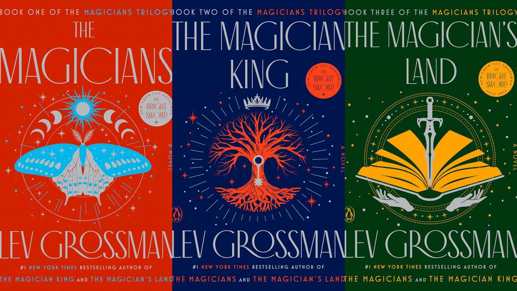 The covers of 'The Magicians' books by Lev Grossman