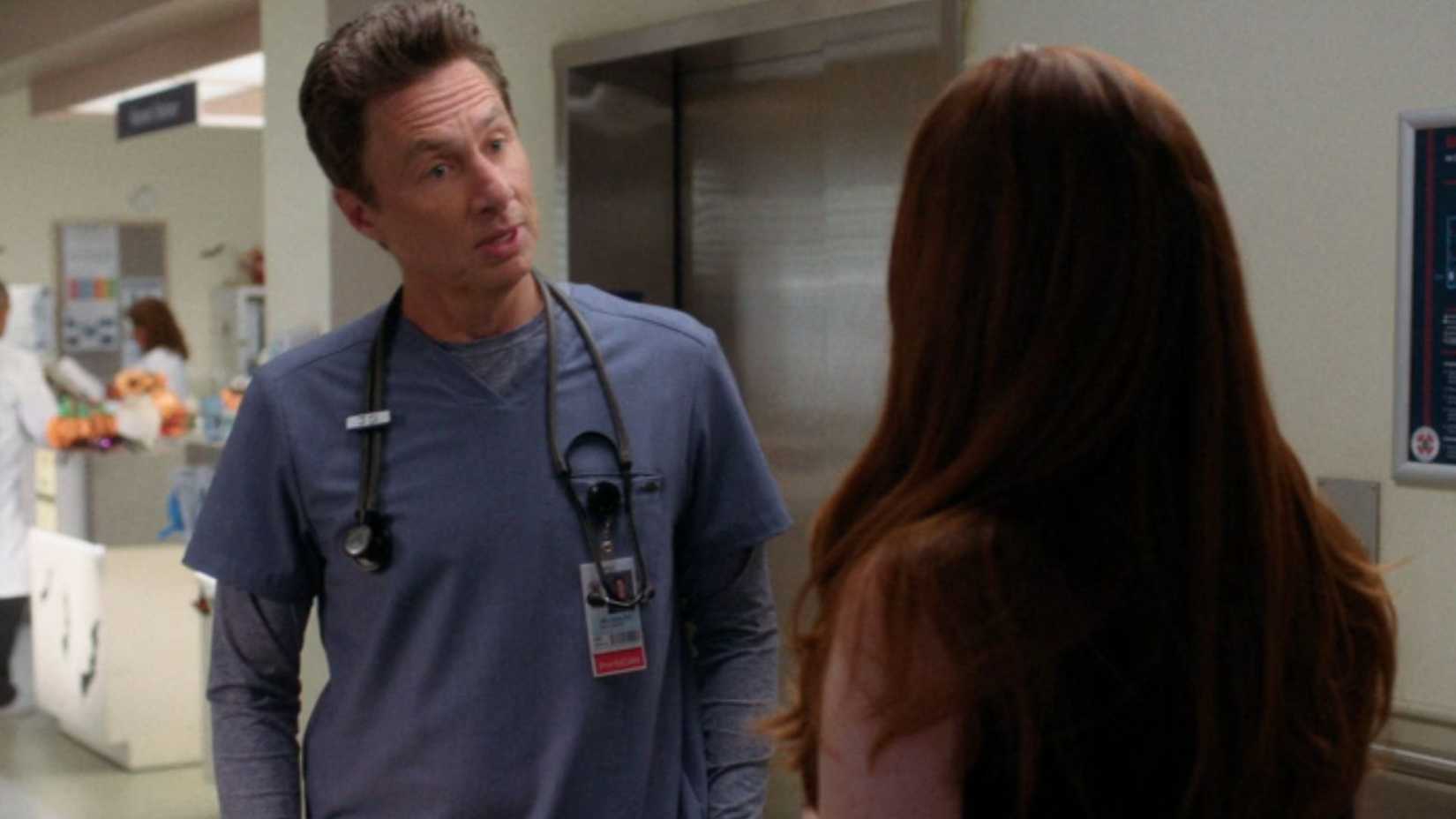 Zach Braff as JD in Scrubs talking to Stephanie Koenig as Cassie Simmons