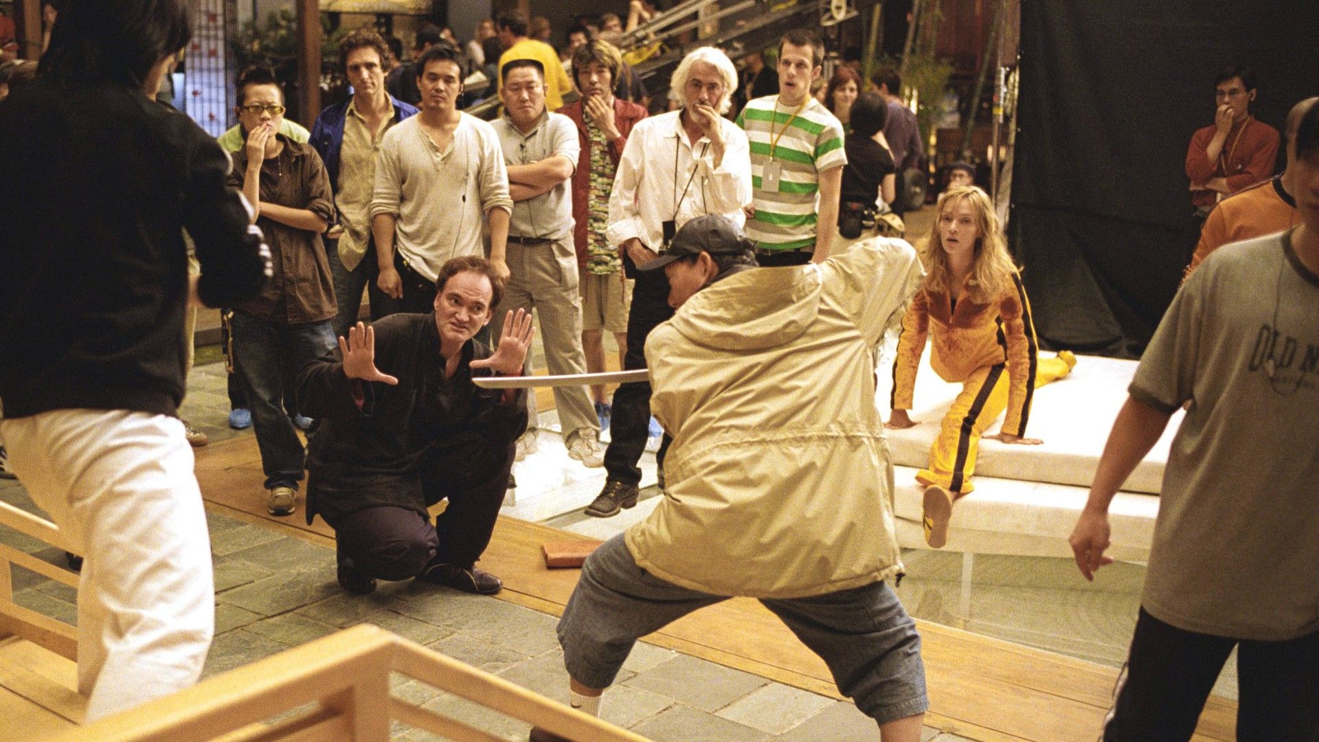 Quentin Tarantino, Yuen Wo-Ping, and Uma Thurman on the set of Kill Bill