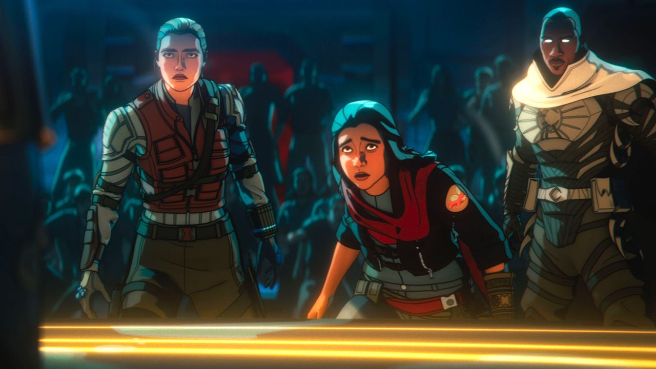 yelena ms marvel and blade knight looking worried at something in marvel zombies yt