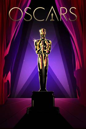 A Golden Oscars Statuette in front of open red curtains and purple spotlights
